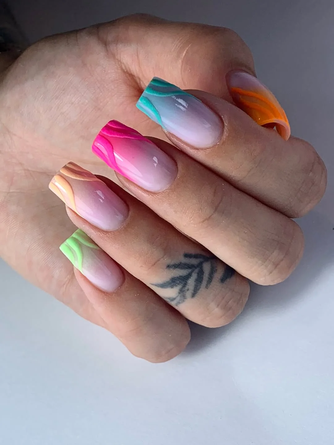 summer nails square 2026 Bright Rainbow French Square Nails