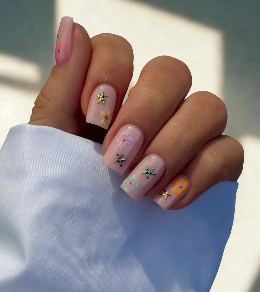summer nails square 2026 Pastel Flower Short Square Nails