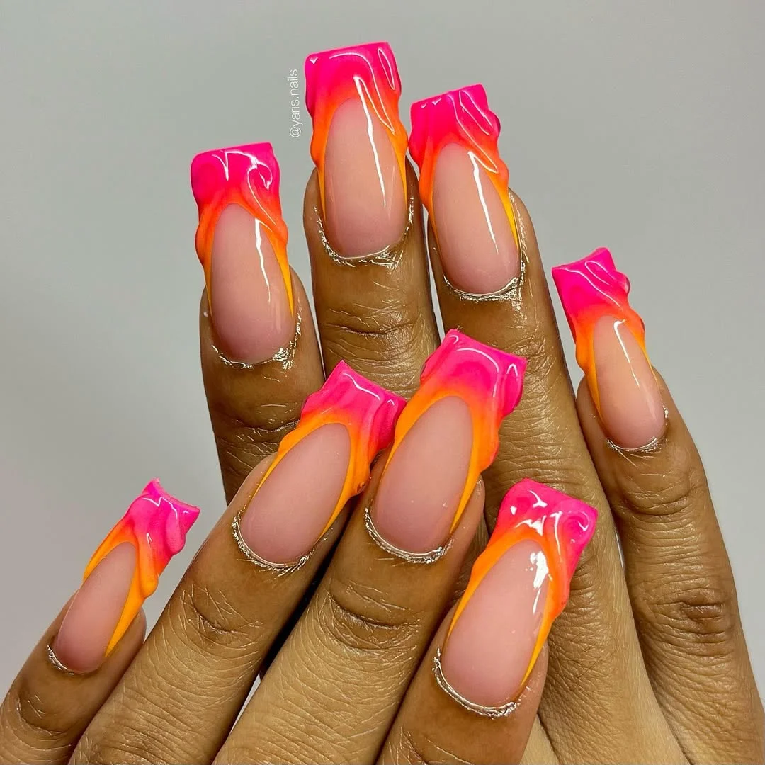 summer nails square 2026 Hot Pink Flame Square Nails