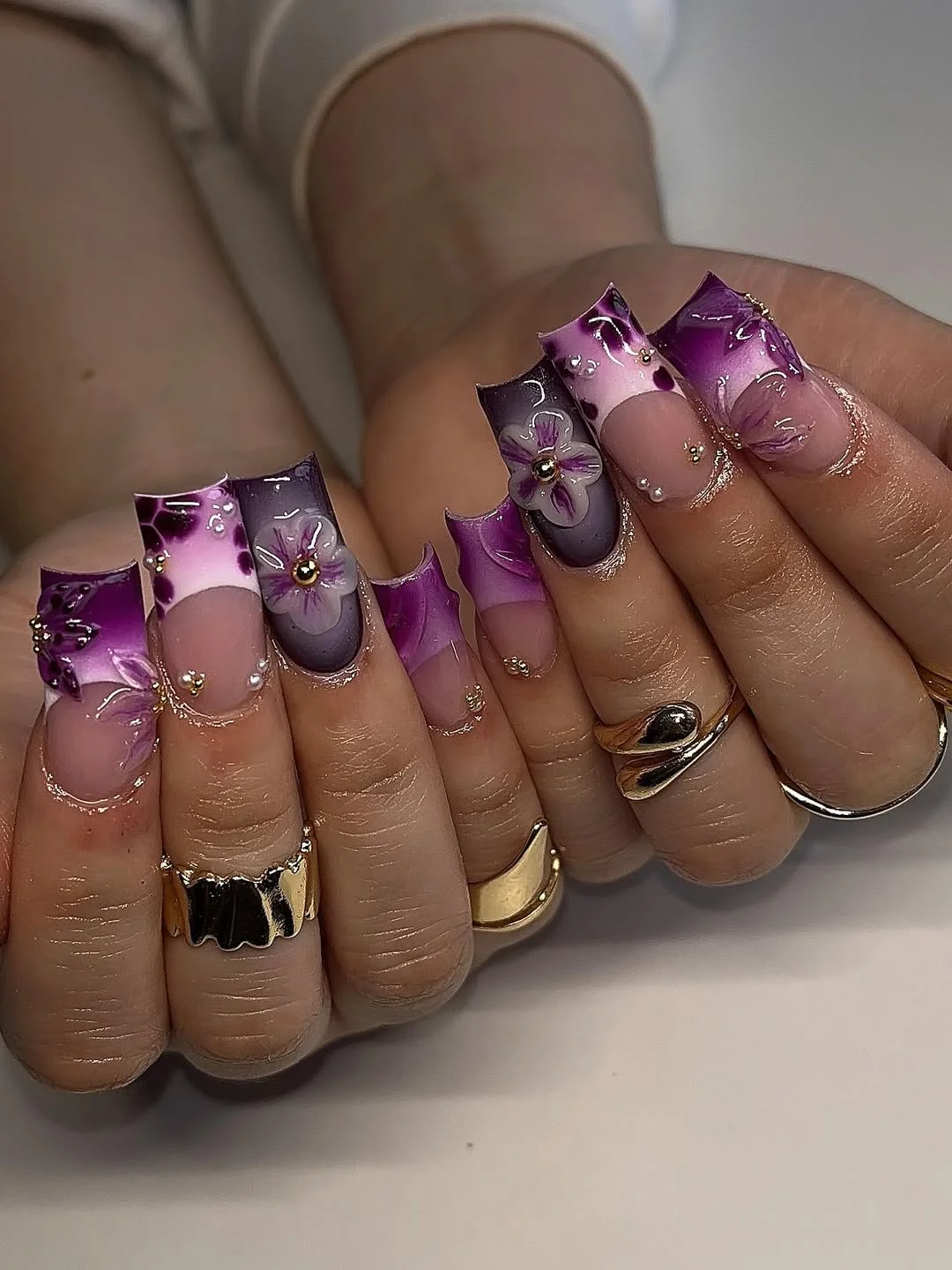 summer ombre nails 2026 Bright Purple Ombre Nails With Sculpted Floral Art