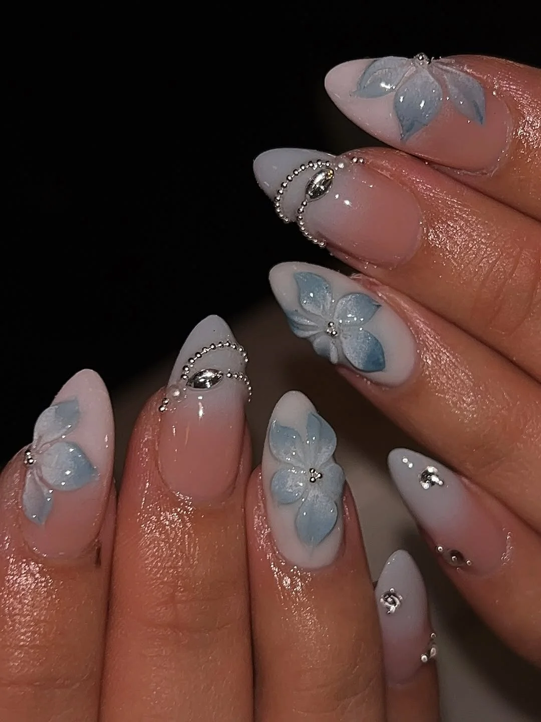 summer ombre nails 2026 Milky Blue Floral Ombre Nails For A Soft Summer Mood