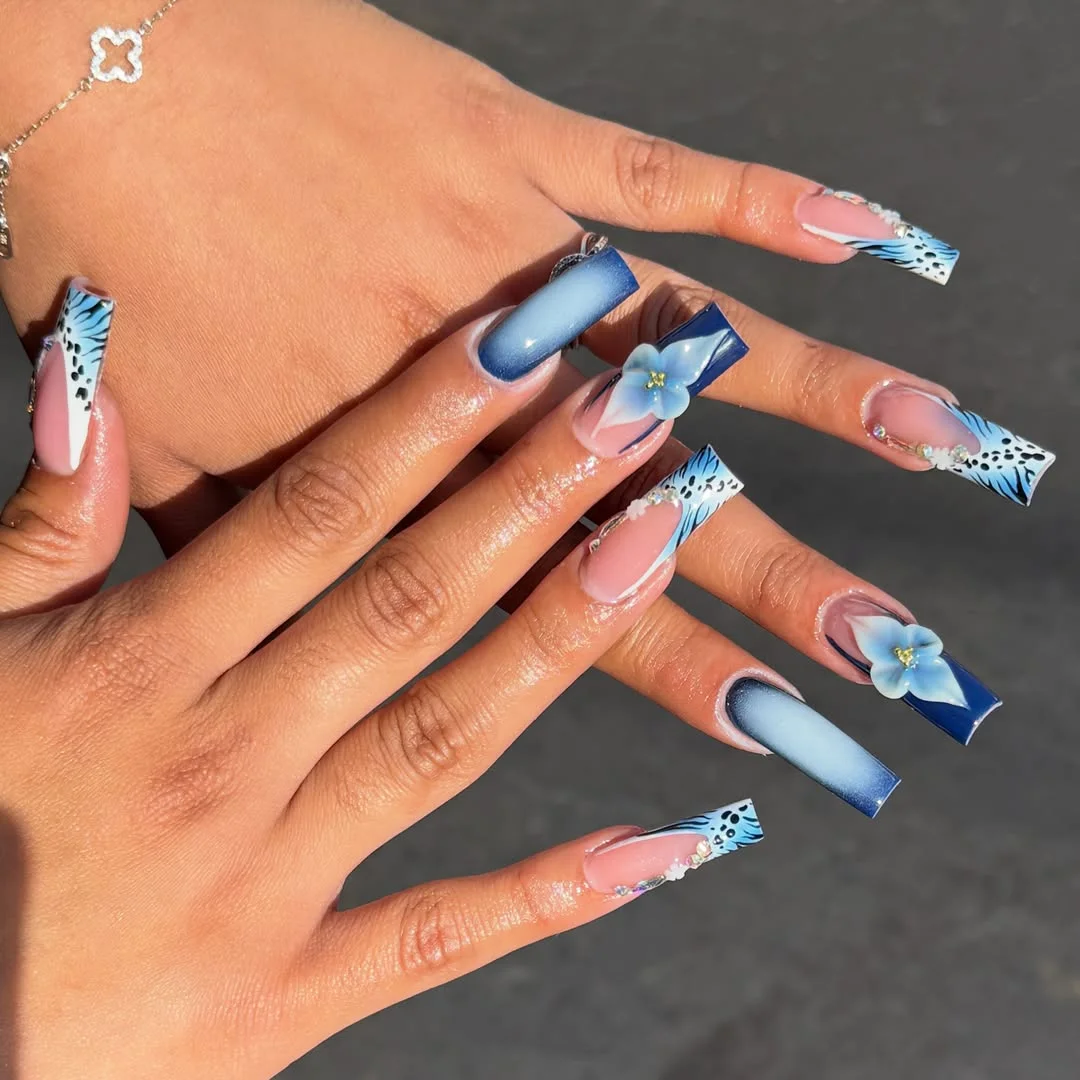 summer ombre nails 2026 Blue Ombre Statement Nails With Tropical Energy
