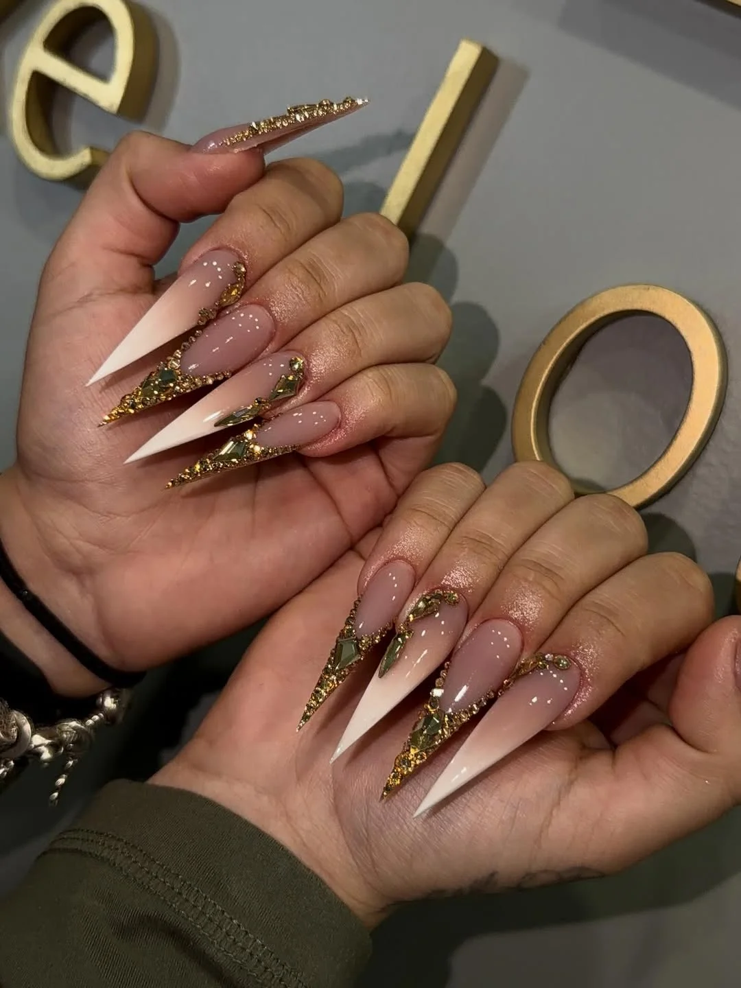 summer ombre nails 2026 Crystal Ombre Stiletto Nails With Gold Glam Details