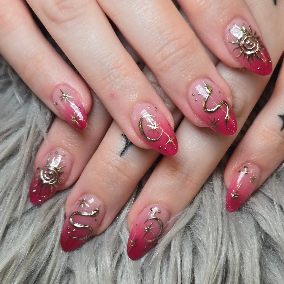 summer ombre nails 2026 Pink Ombre Nails With Celestial Gold Art