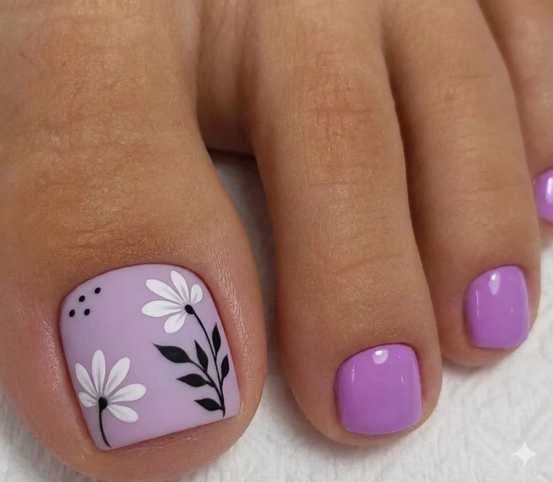 summer toe nails colors 2026 Soft Purple Floral Pedicure for Late Summer Days