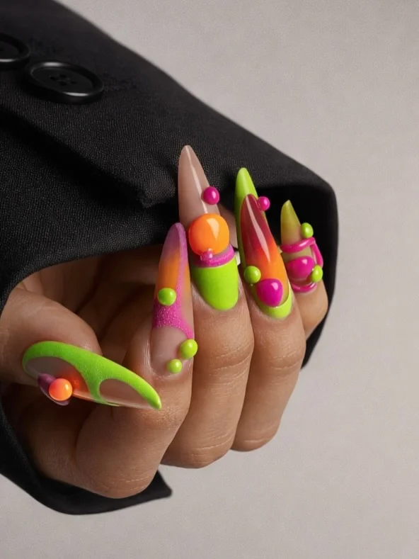 summer vibrant nails summer 2026 Neon Pop 3D Stiletto Nails