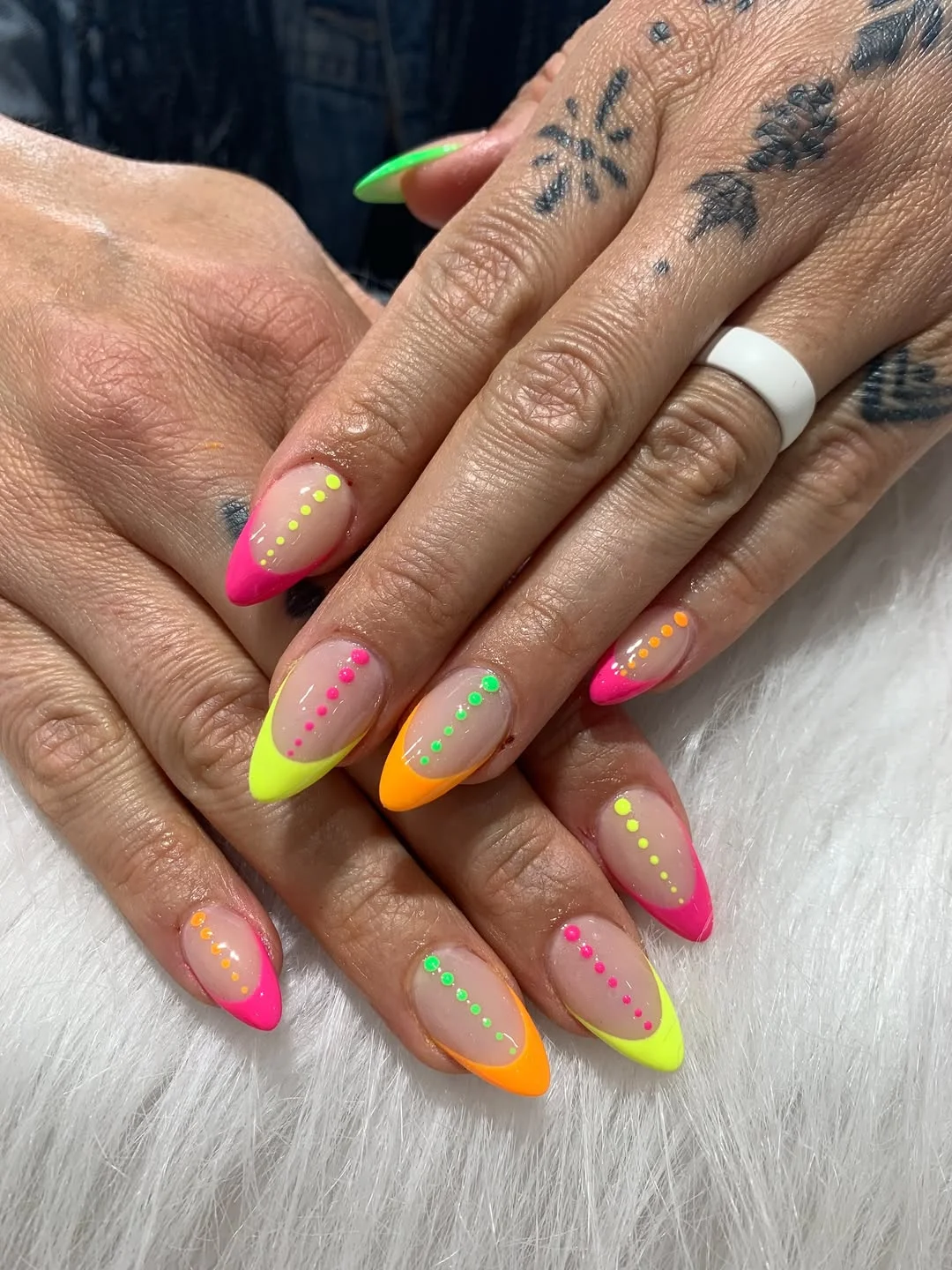 summer vibrant nails summer 2026 Neon French Tip Almond Nails