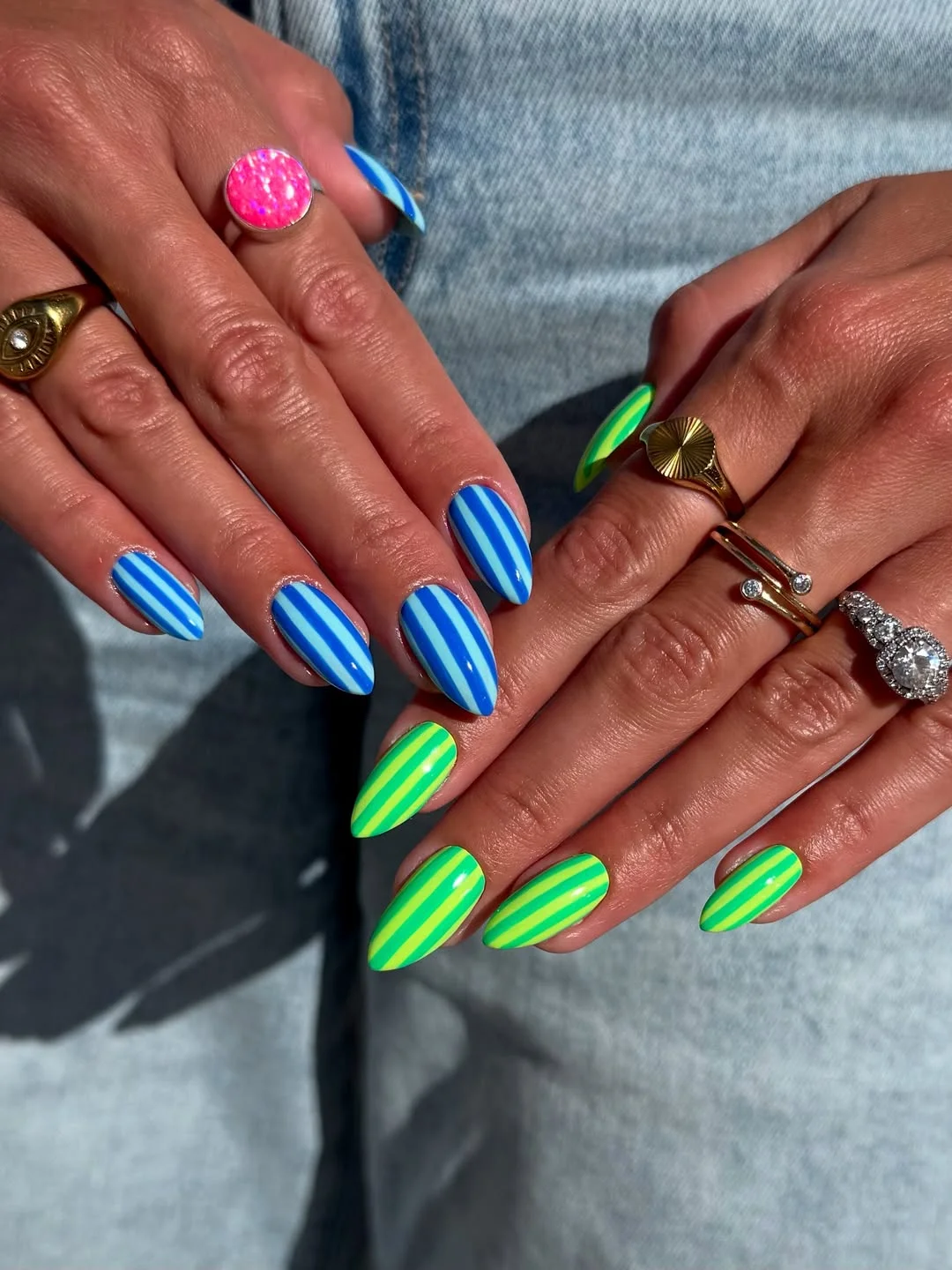 summer vibrant nails summer 2026 Blue And Lime Stripe Nails