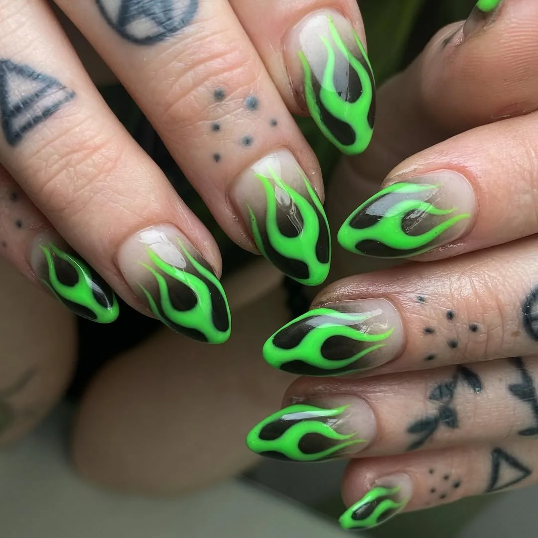 summer vibrant nails summer 2026 Neon Green Flame Almond Nails
