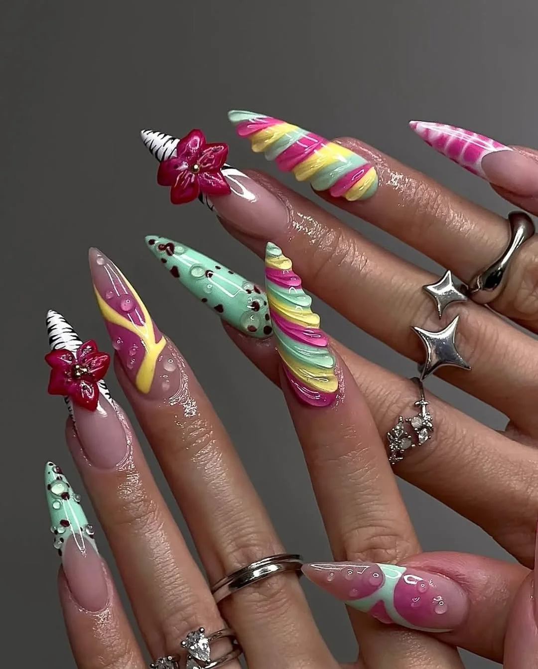 summer vibrant nails summer 2026 Pastel Swirl Fantasy Stiletto Nails
