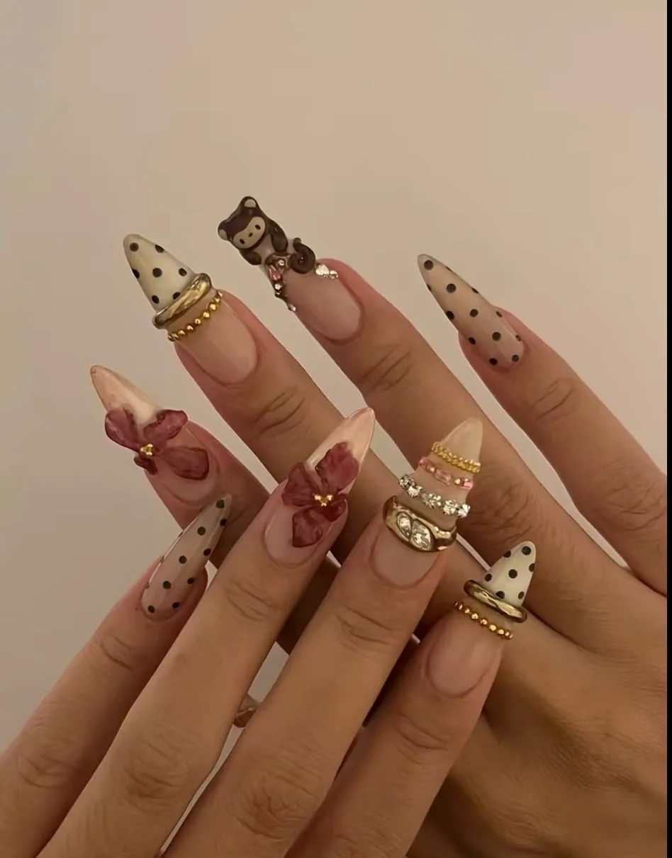 Summer yellow nails 2026 Mocha Polka Dot Stiletto Nails