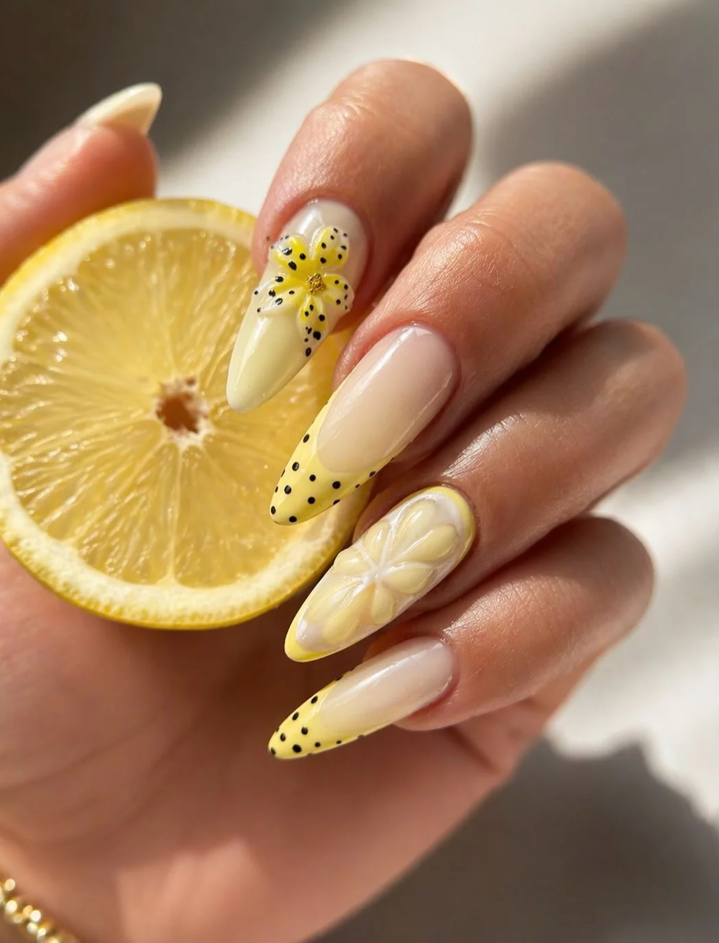 Summer yellow nails 2026 Lemon Blossom Almond Nails