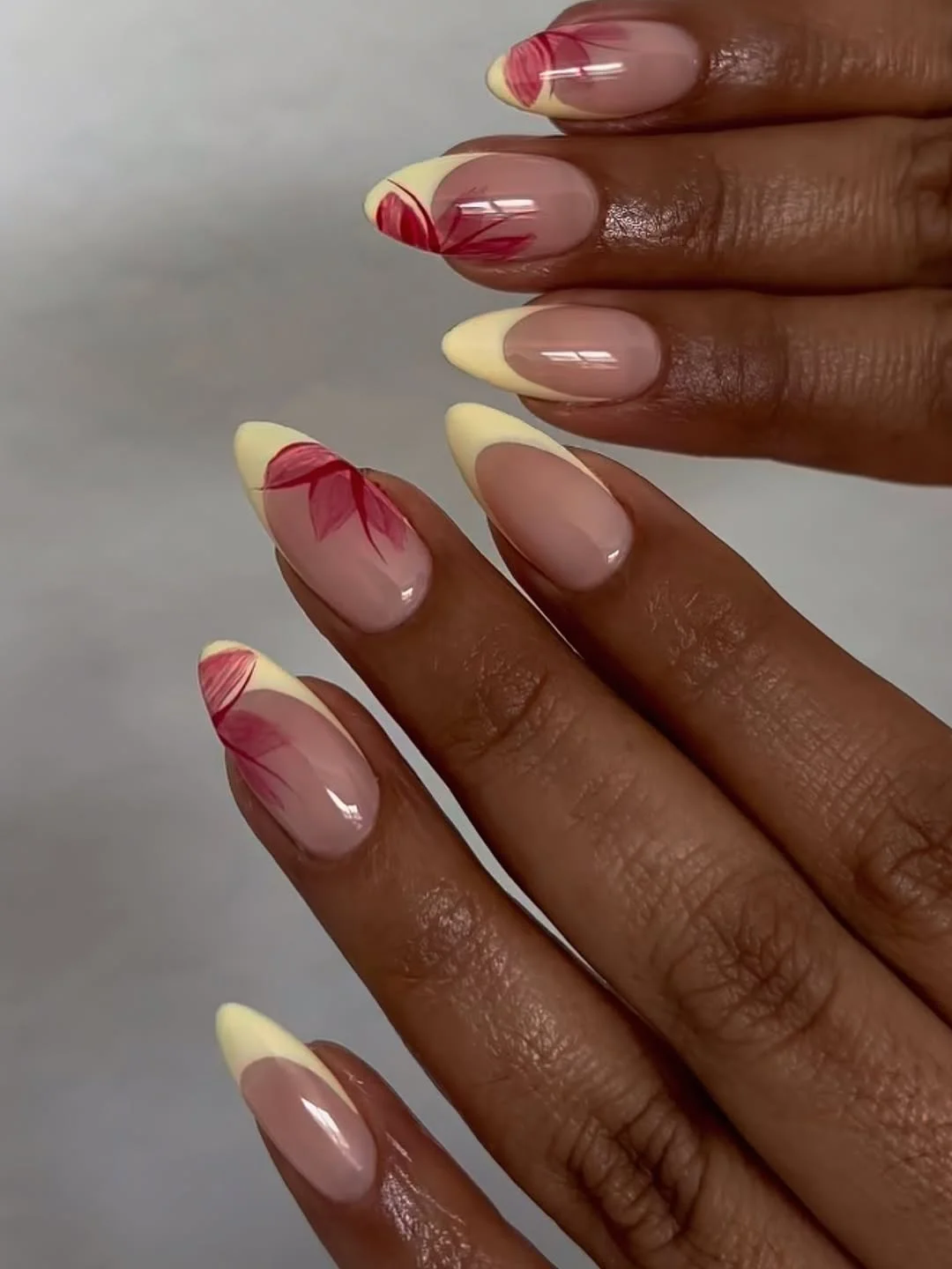 Summer yellow nails 2026 Abstract Pink Floral French Almond Set