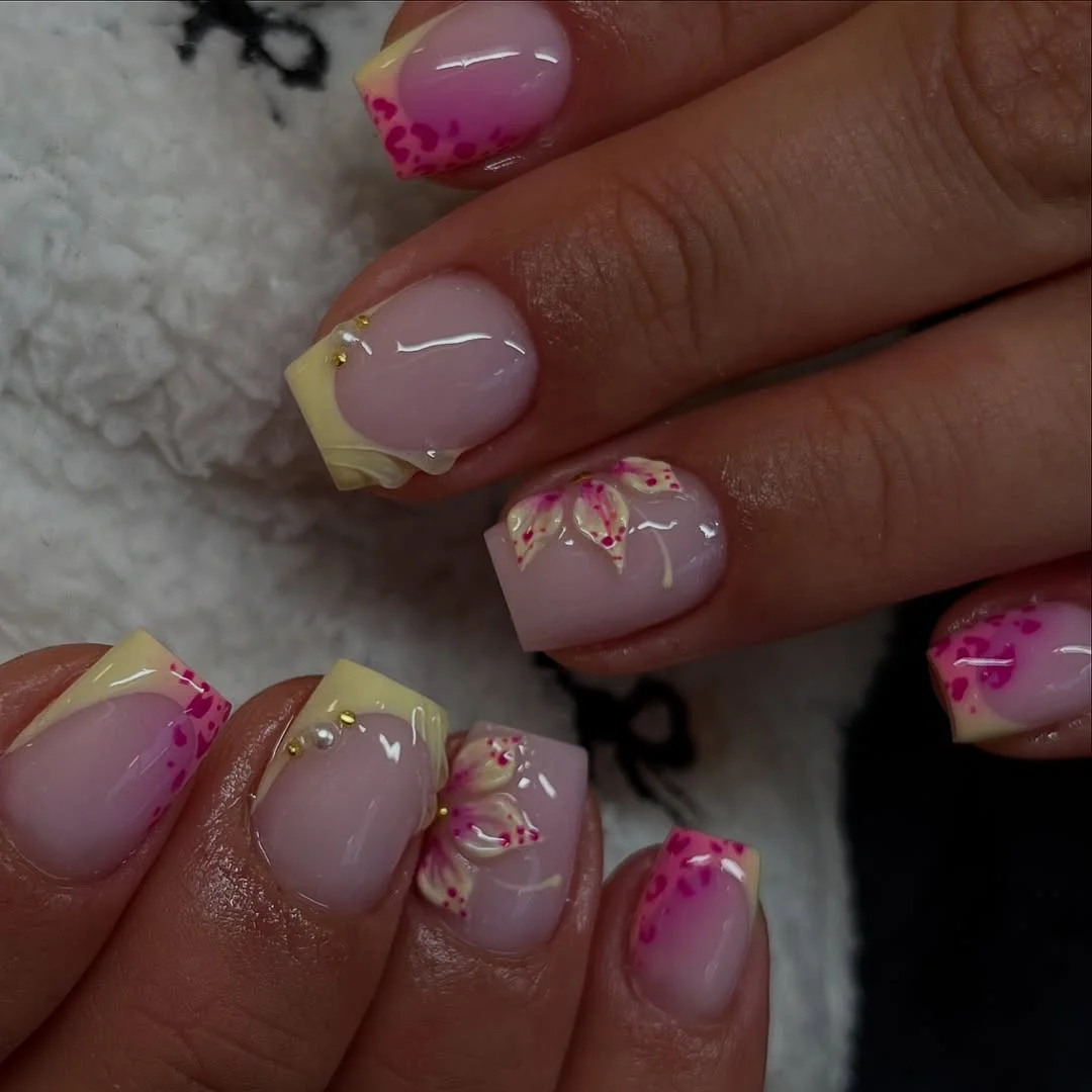 Summer yellow nails 2026 Pink Blossom Butter French Nails