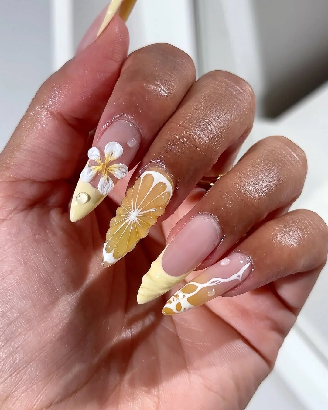 Summer yellow nails 2026 Glossy Citrus Art Stiletto Nails
