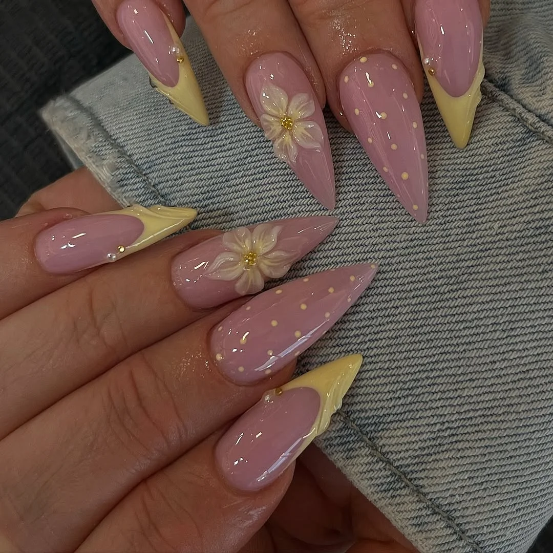 Summer yellow nails 2026 Soft Pink And Butter Yellow Floral Set
