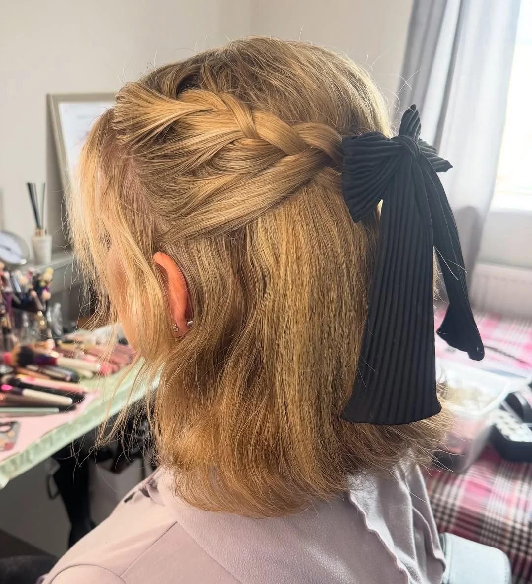 textured summer short hairstyles 2026 Ribbon-Tied Half-Up Bob