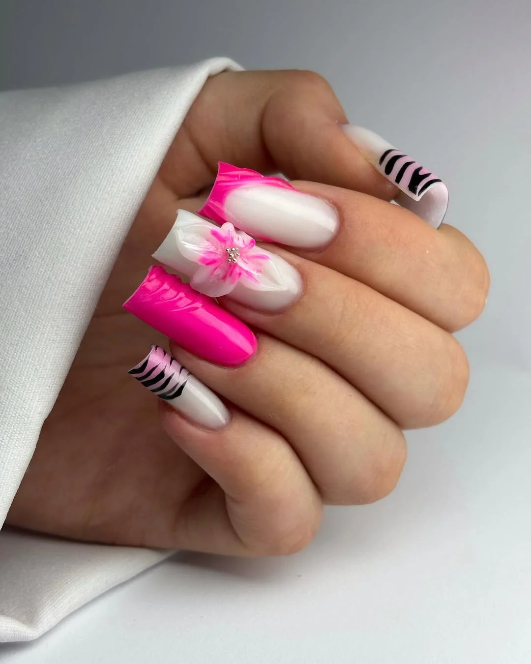 trendy summer nails 2026 Hot Pink Square Nails With Zebra Details