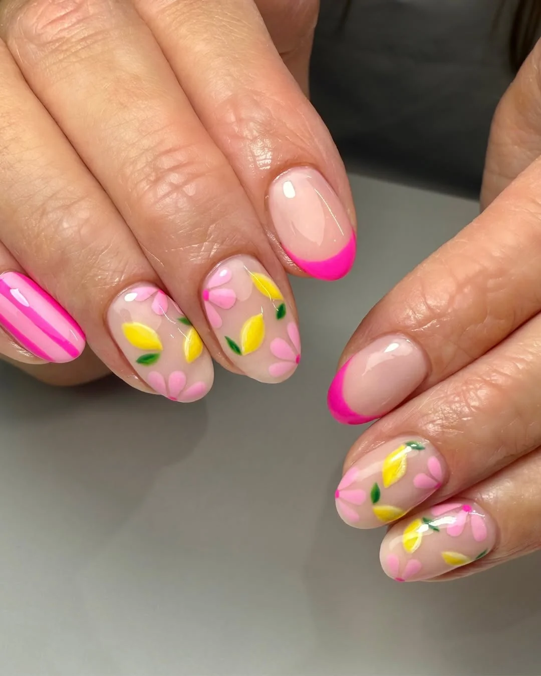 trendy summer nails 2026 Pink French Tip Floral Nails