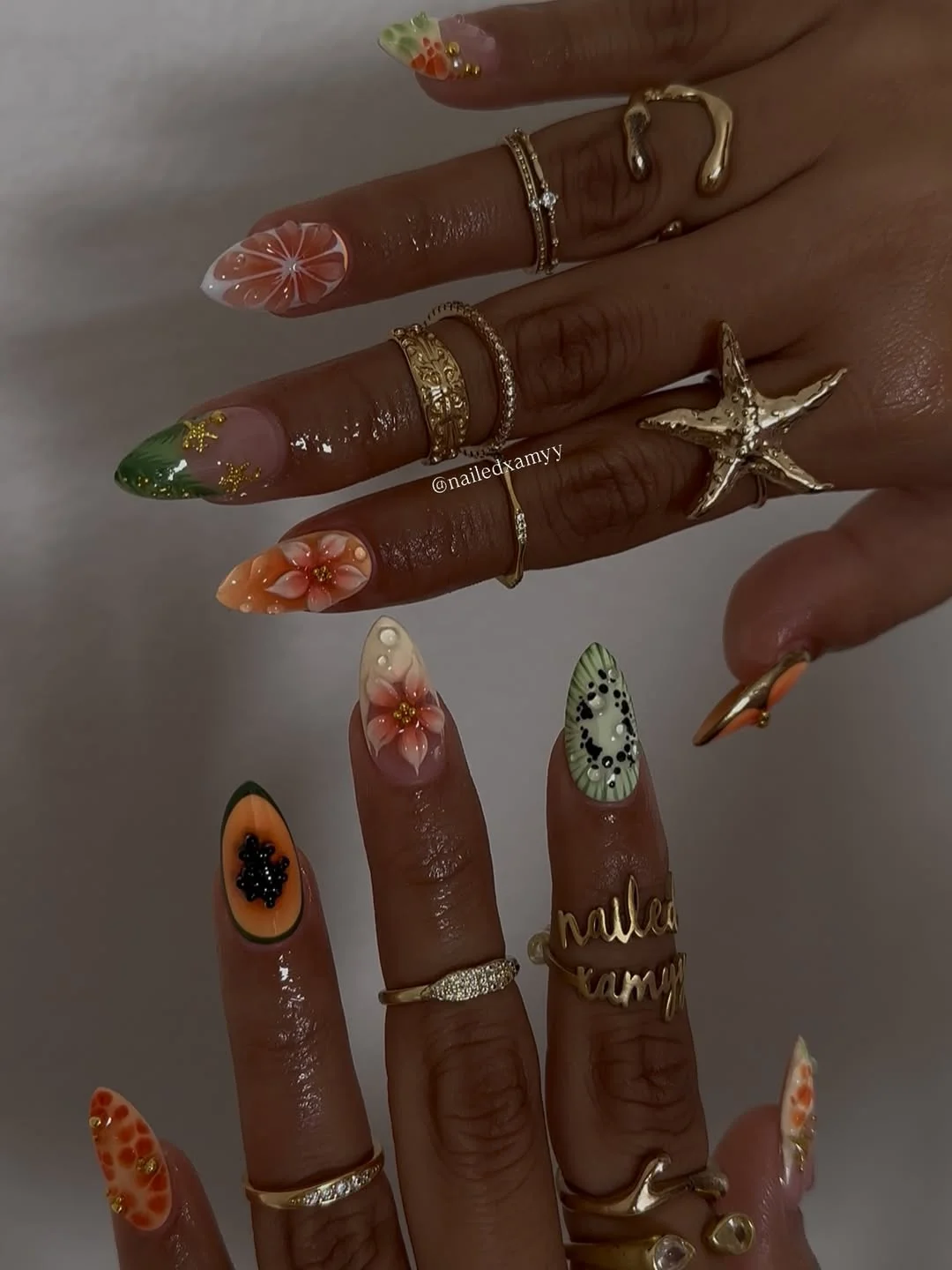 trendy summer nails 2026 Tropical Fruit Almond Nails With Glossy Art