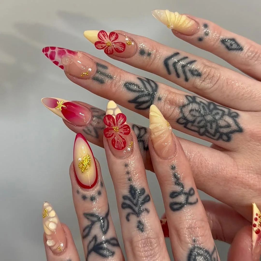 trendy summer nails 2026 Cherry Red Floral Almond Nails
