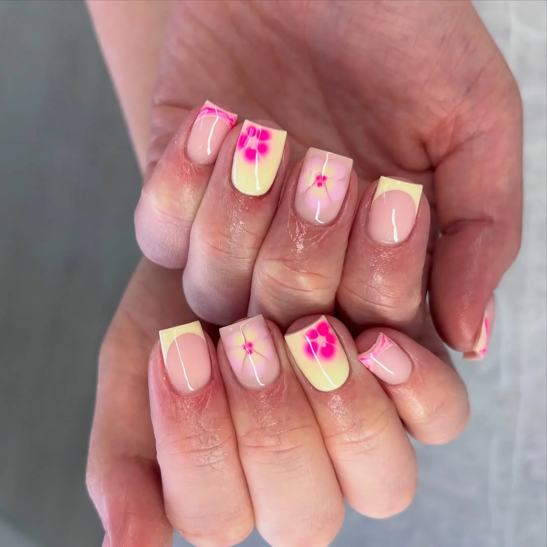 trendy summer nails 2026 Soft Yellow Square Pink Nails