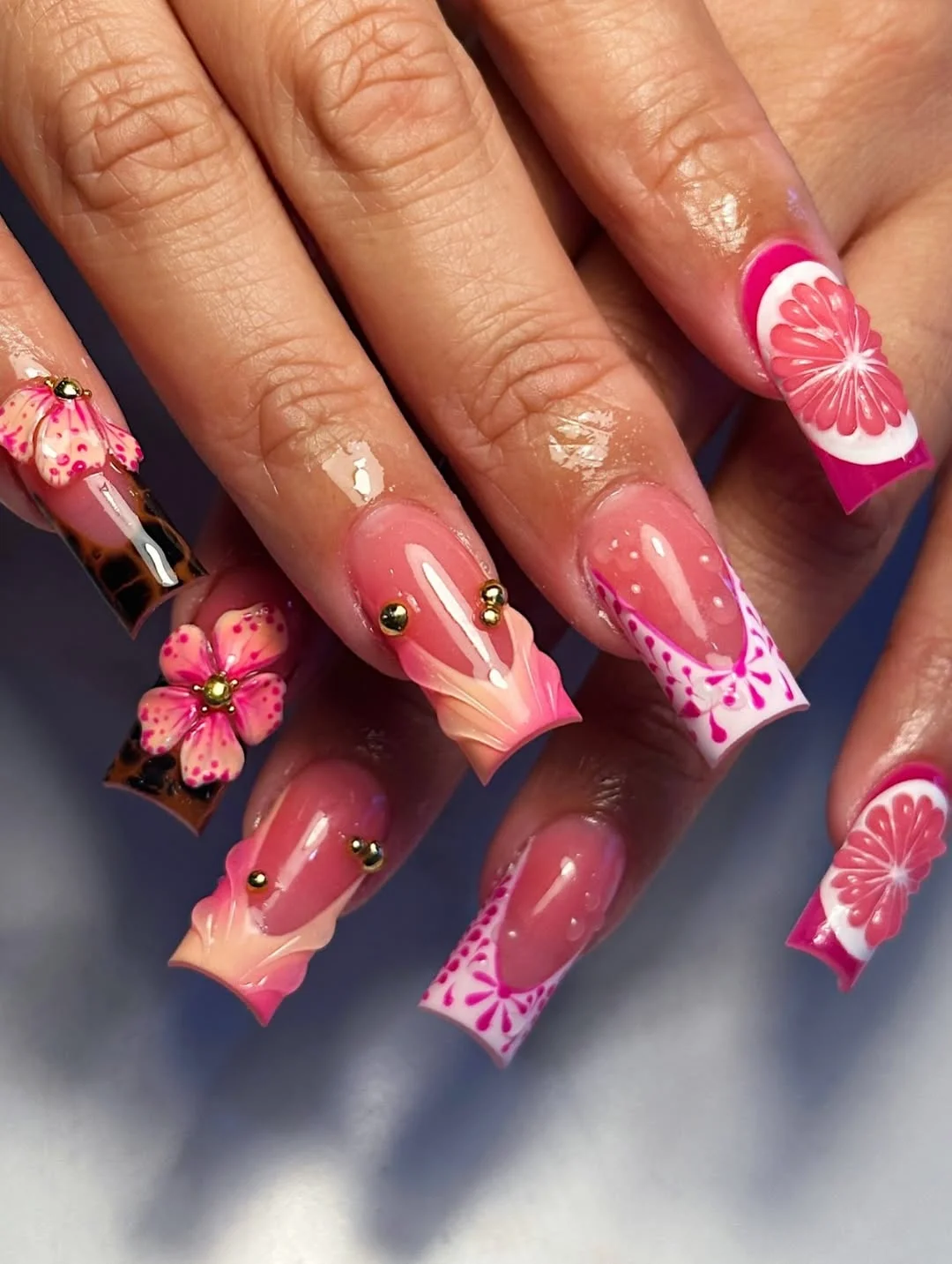 summer vacation nails 2026 Pink Tropical Acrylic Square Nails