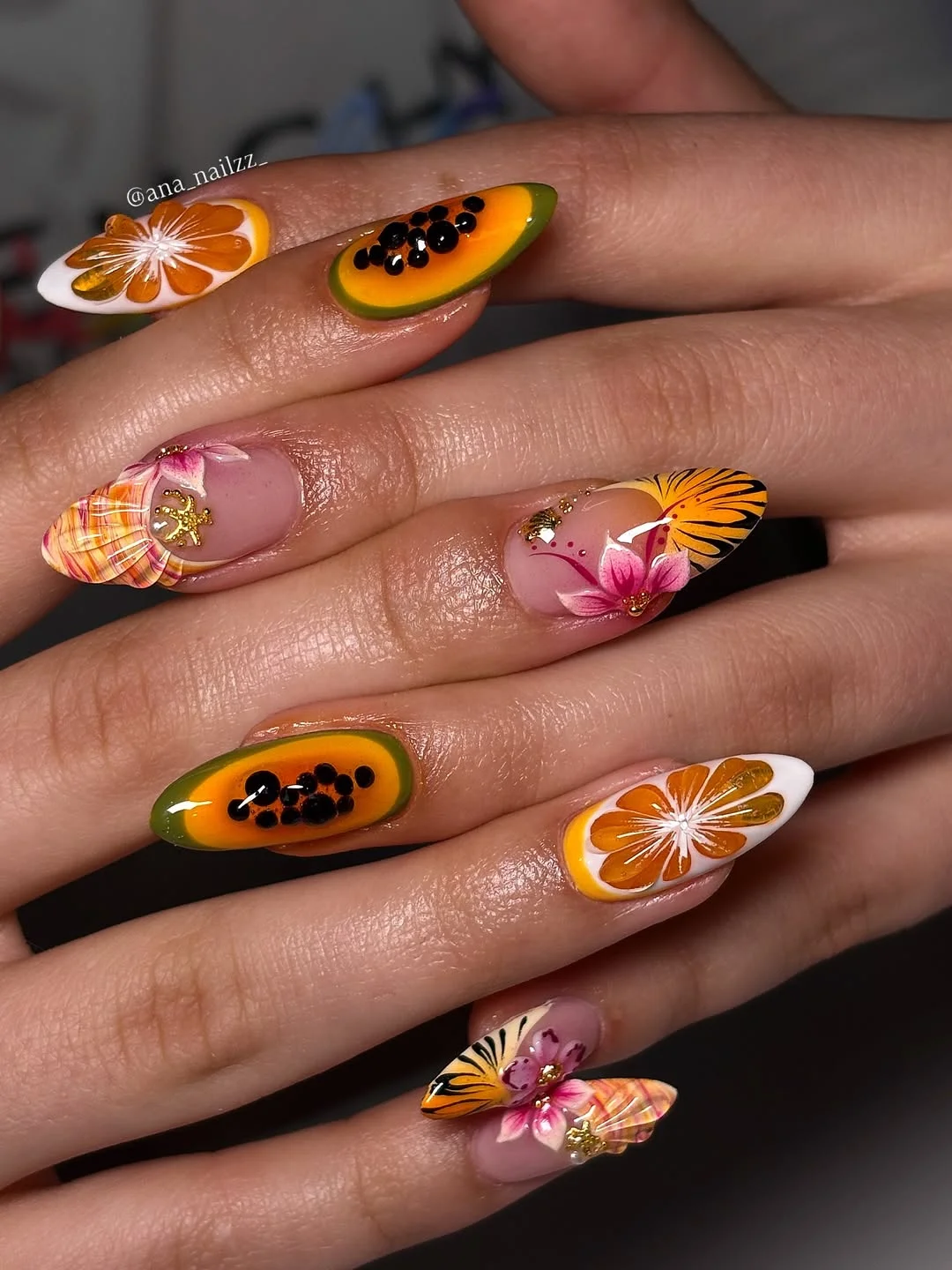 summer vacation nails 2026 Juicy Fruit Almond Nails With Tropical Details