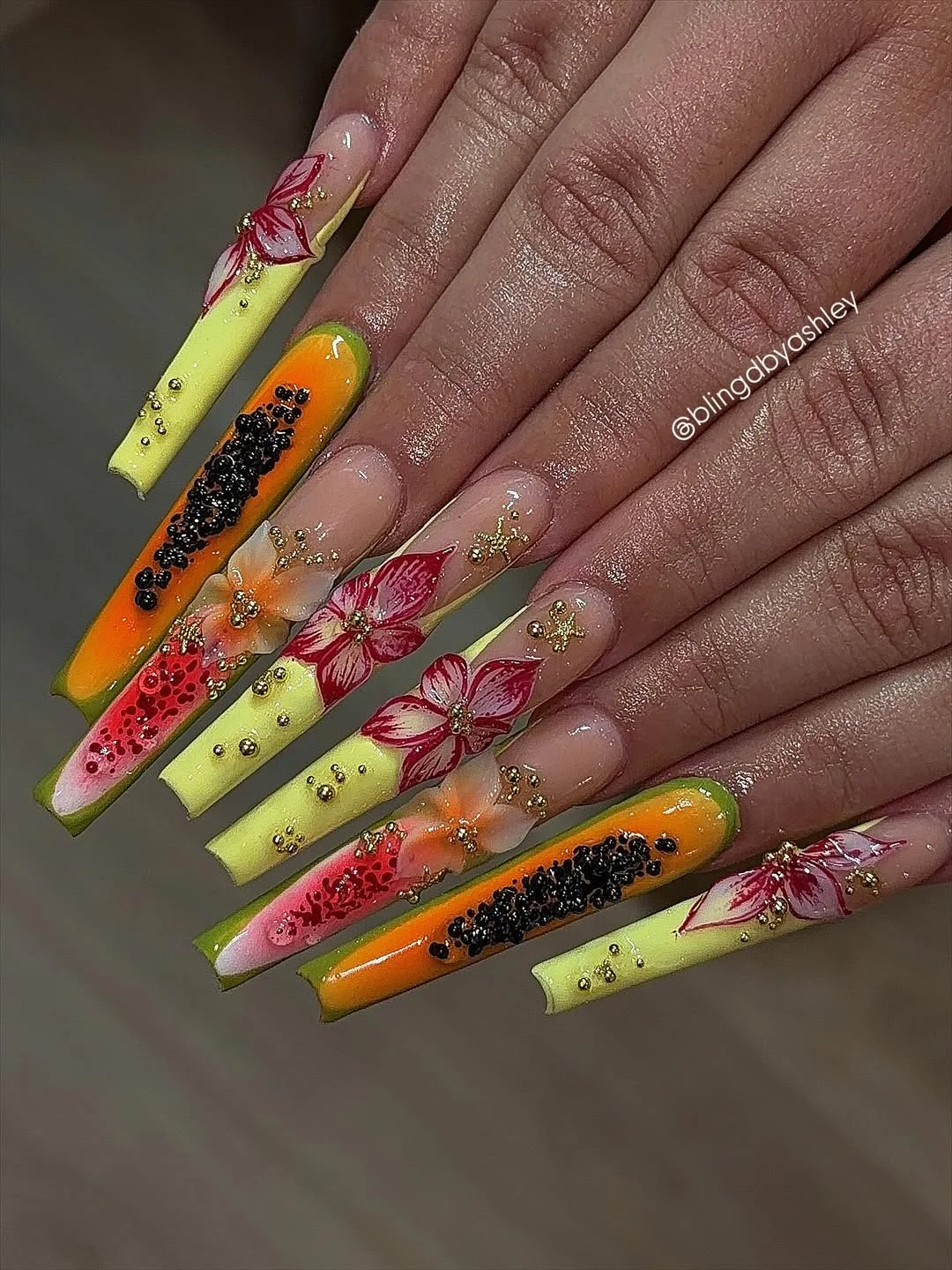 summer vacation nails 2026 Tropical Papaya Acrylic Square Nails