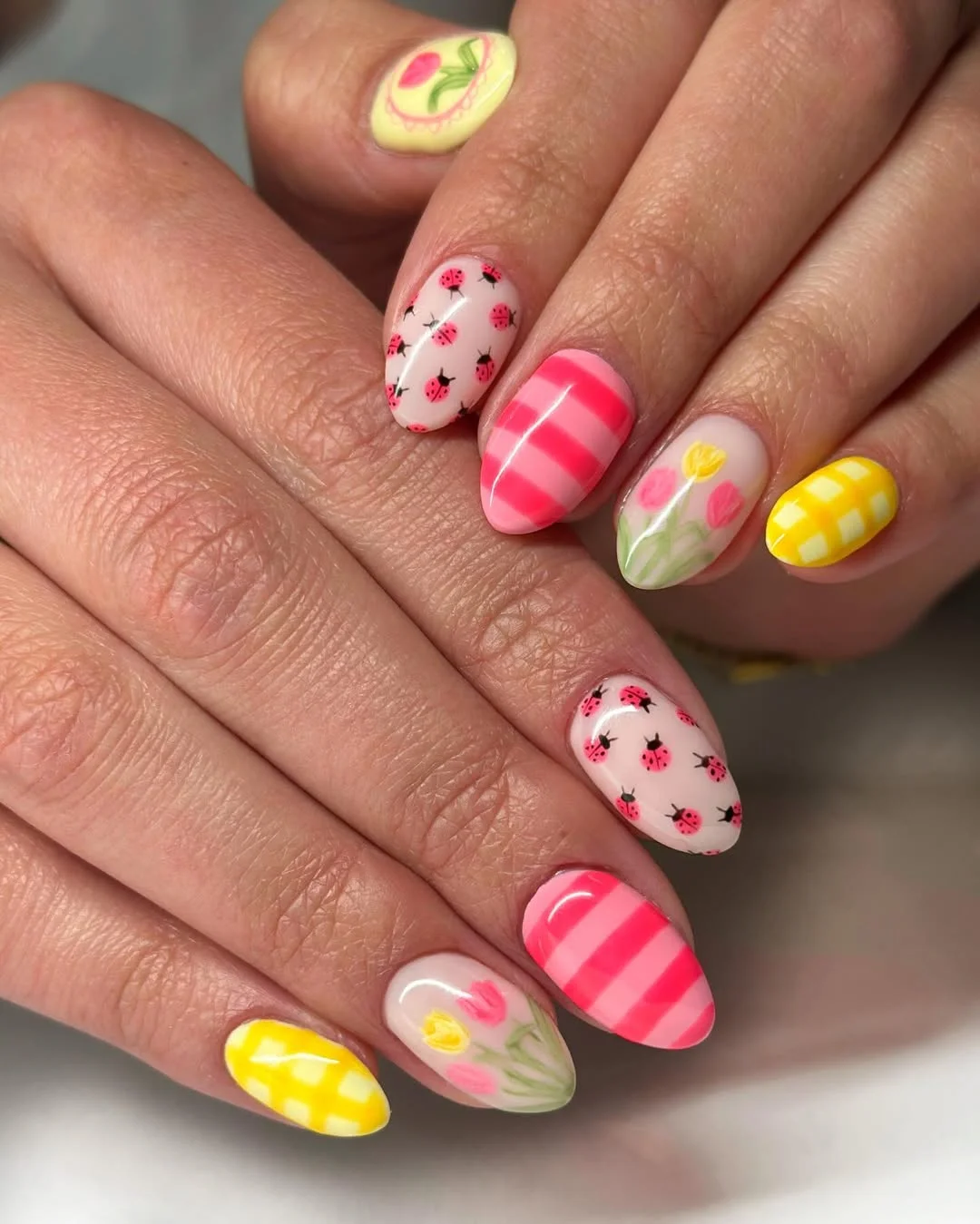 summer vacation nails 2026 Cute Short Almond Picnic Nails