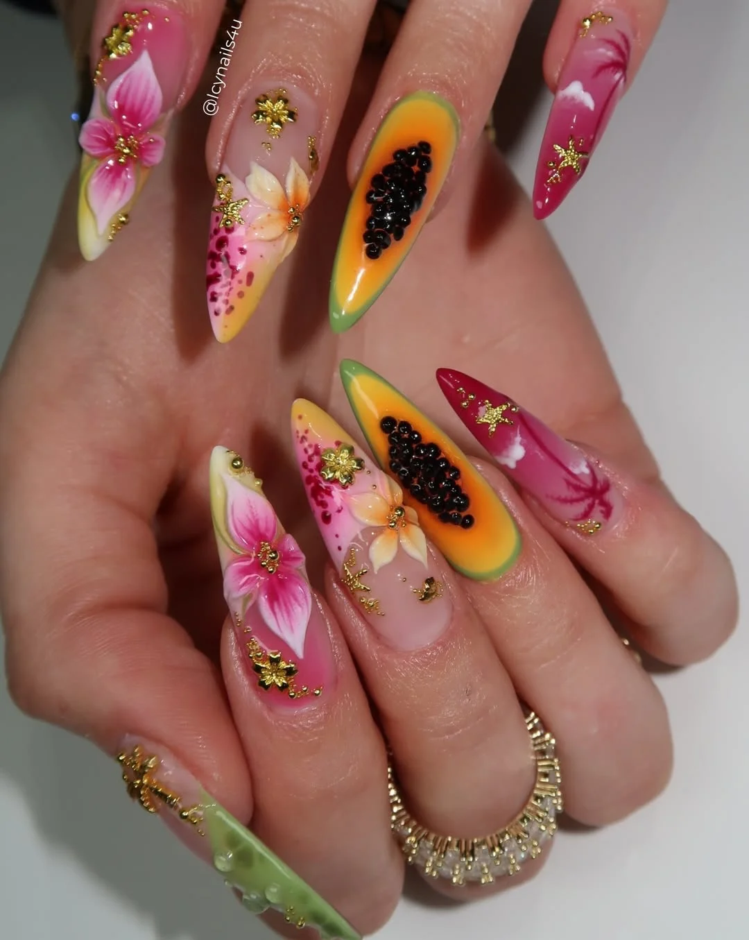 summer vacation nails 2026 Bright Tropical Almond Vacation Nails