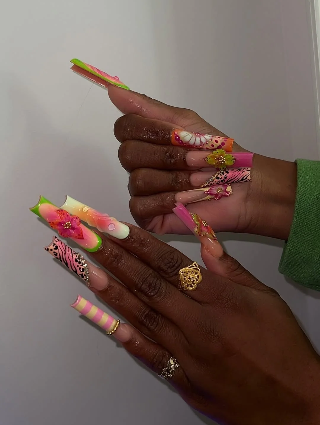 summer vacation nails 2026 Fun Pink And Green Acrylic Nails