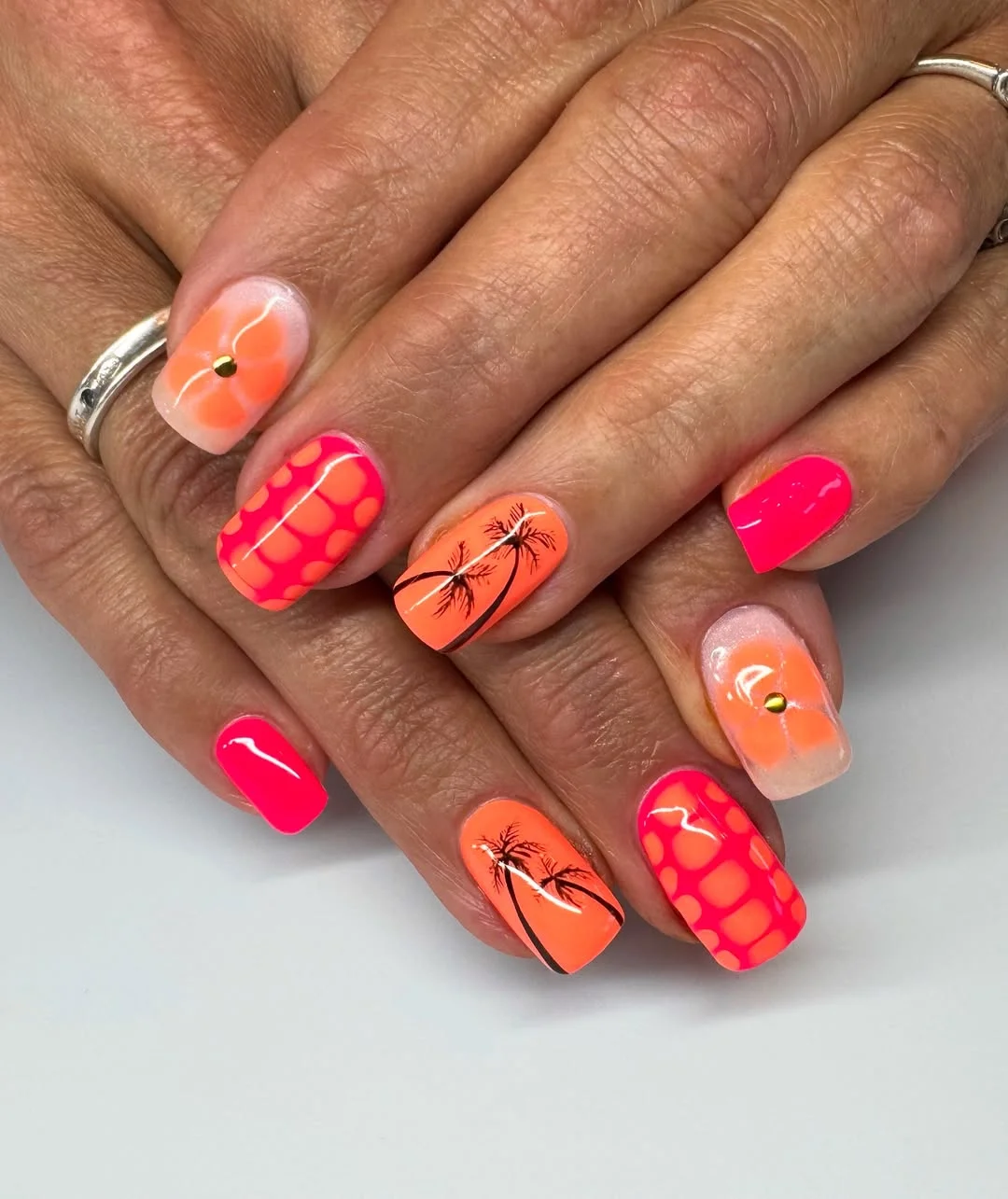 summer vacation nails 2026 Bright Neon Tropical Short Square Nails