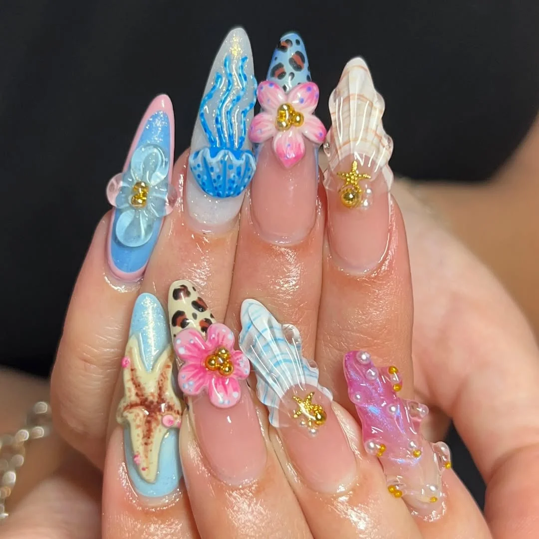 summer vacation nails 2026 Seashell Acrylic Beach Nails