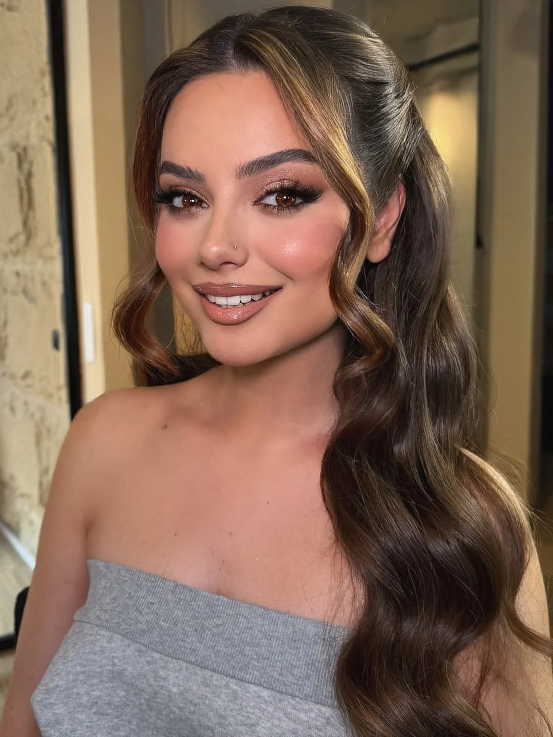 warm summer brunette hair color 2026 Half-Up Rich Brunette with Face-Framing Light