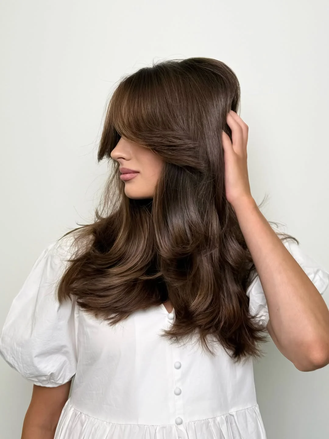 warm summer brunette hair color 2026 Soft Chocolate Layers with Curtain Movement