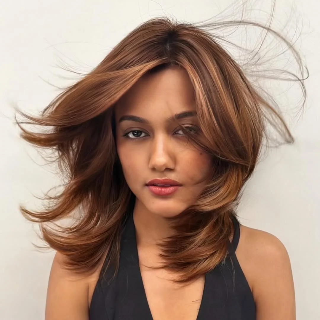 warm summer hair color for dark skin 2026 Copper Ginger Flow with Wind-Swept Layers