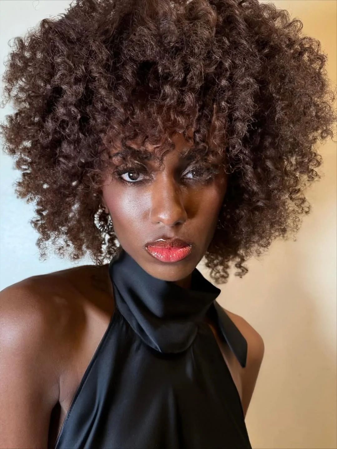warm summer hair color for dark skin 2026 Defined Curly Afro with Rich Brown Depth