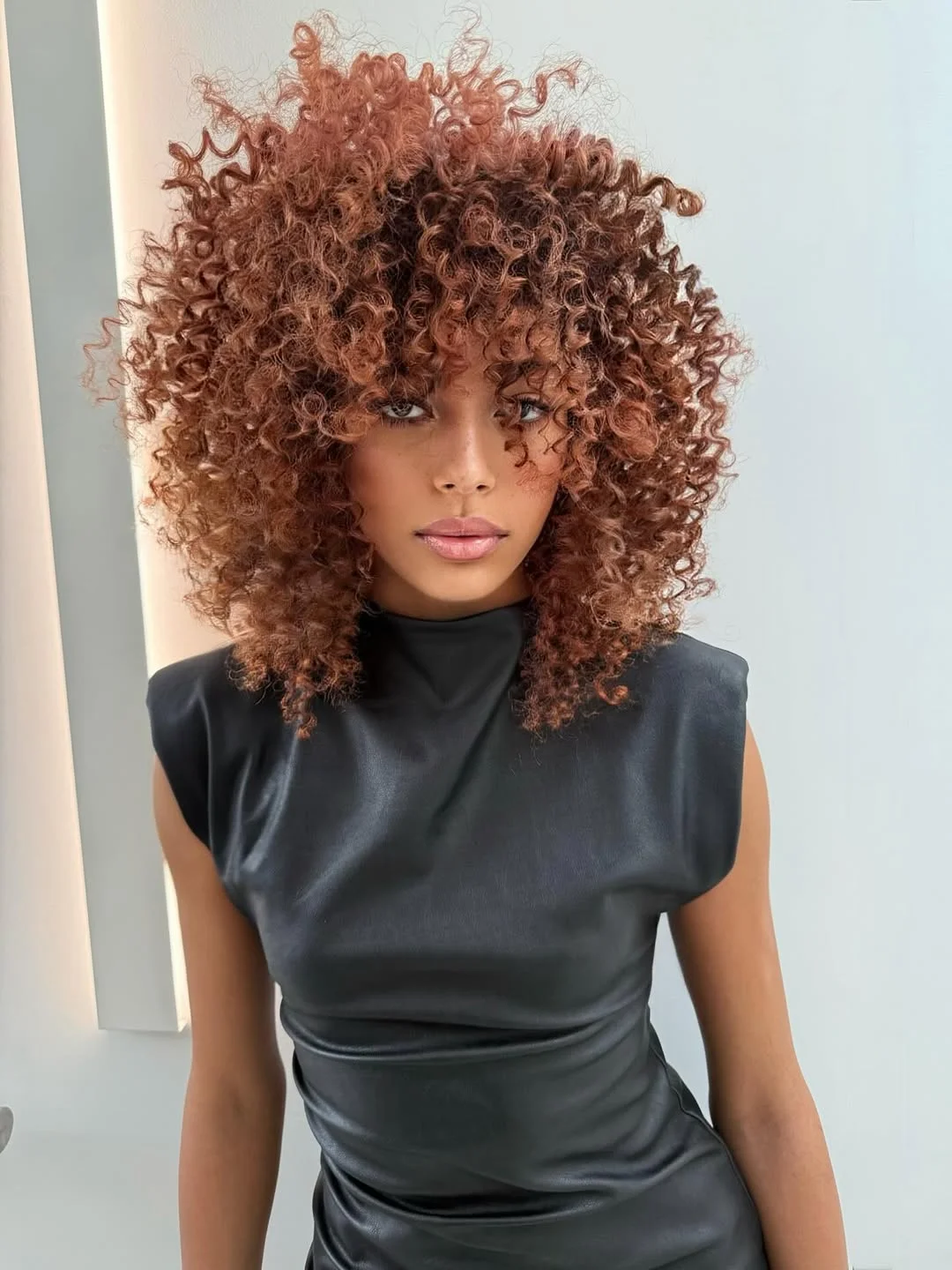warm summer hair color for dark skin 2026 Copper Curly Layers with Soft Dimension