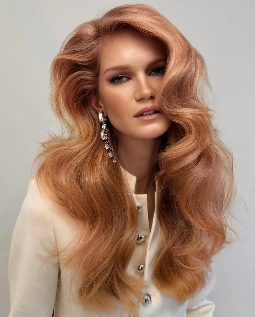 warm summer hair color for tan skin 2026 Peach Copper Volume with Soft Glam Energy
