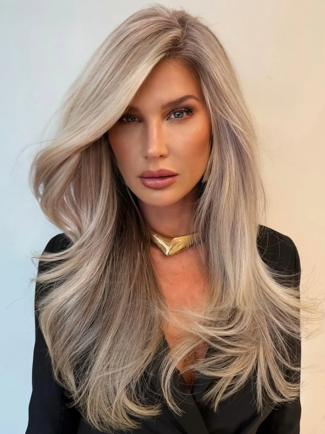 warm summer hair color for tan skin 2026 Champagne Beige Length with Soft Shadow Root