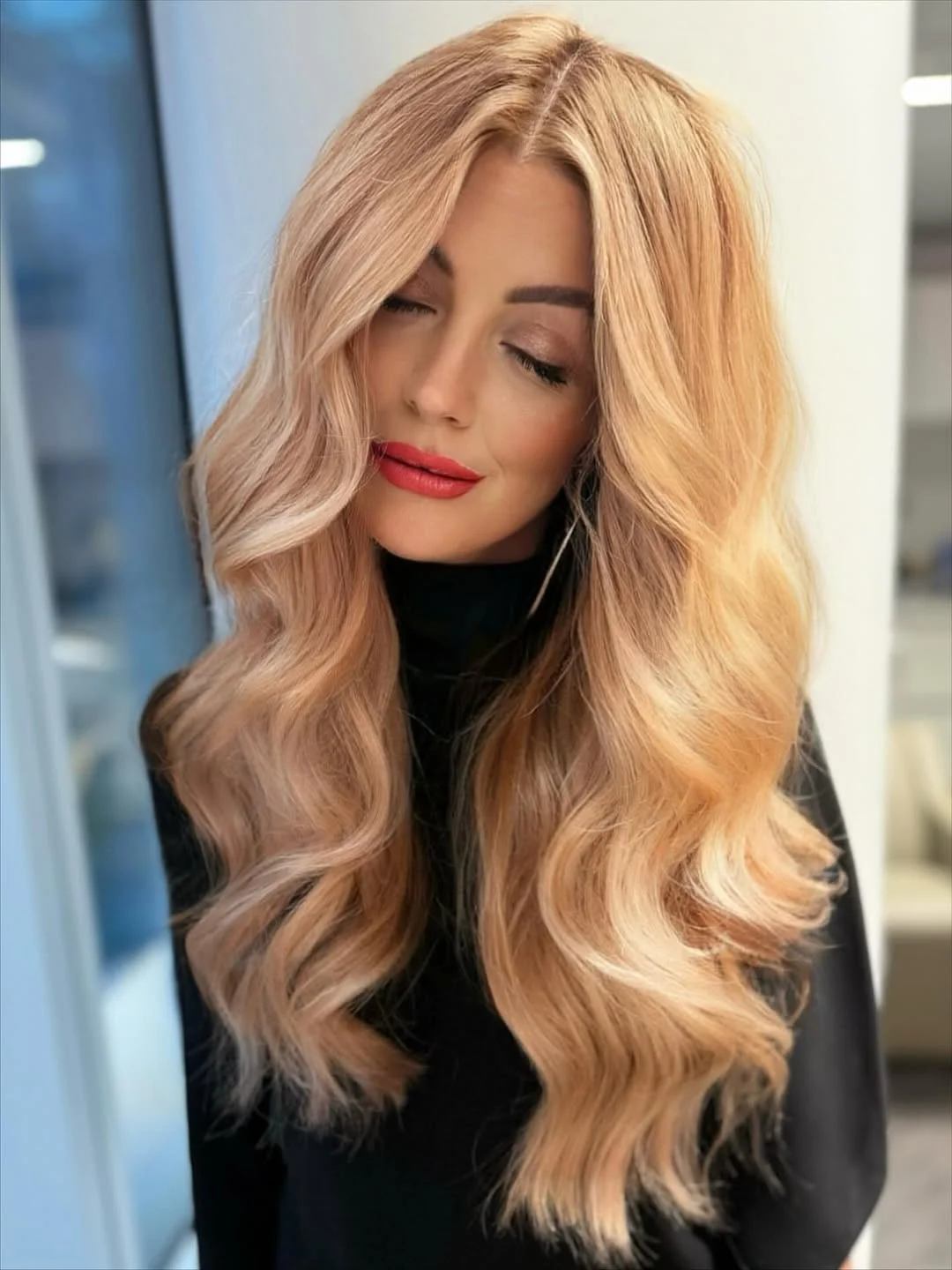 warm summer hair color for tan skin 2026 Soft Peach Blonde with Melted Shine