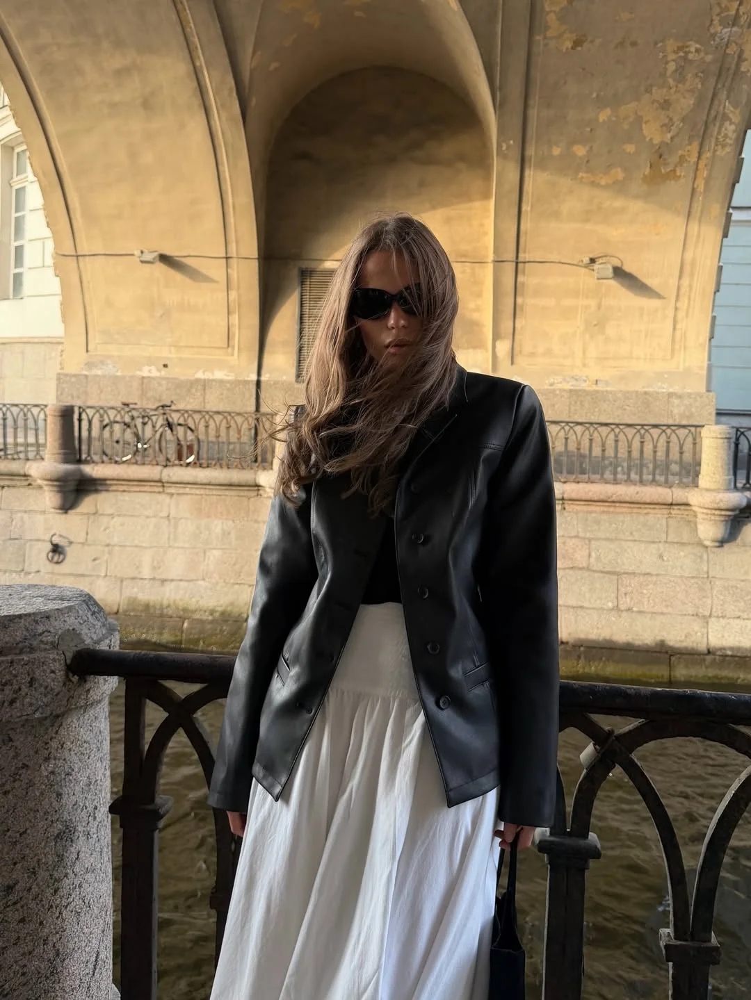 autumn fashion outfits 2026 Black Leather Blazer with a Flowing White Skirt
