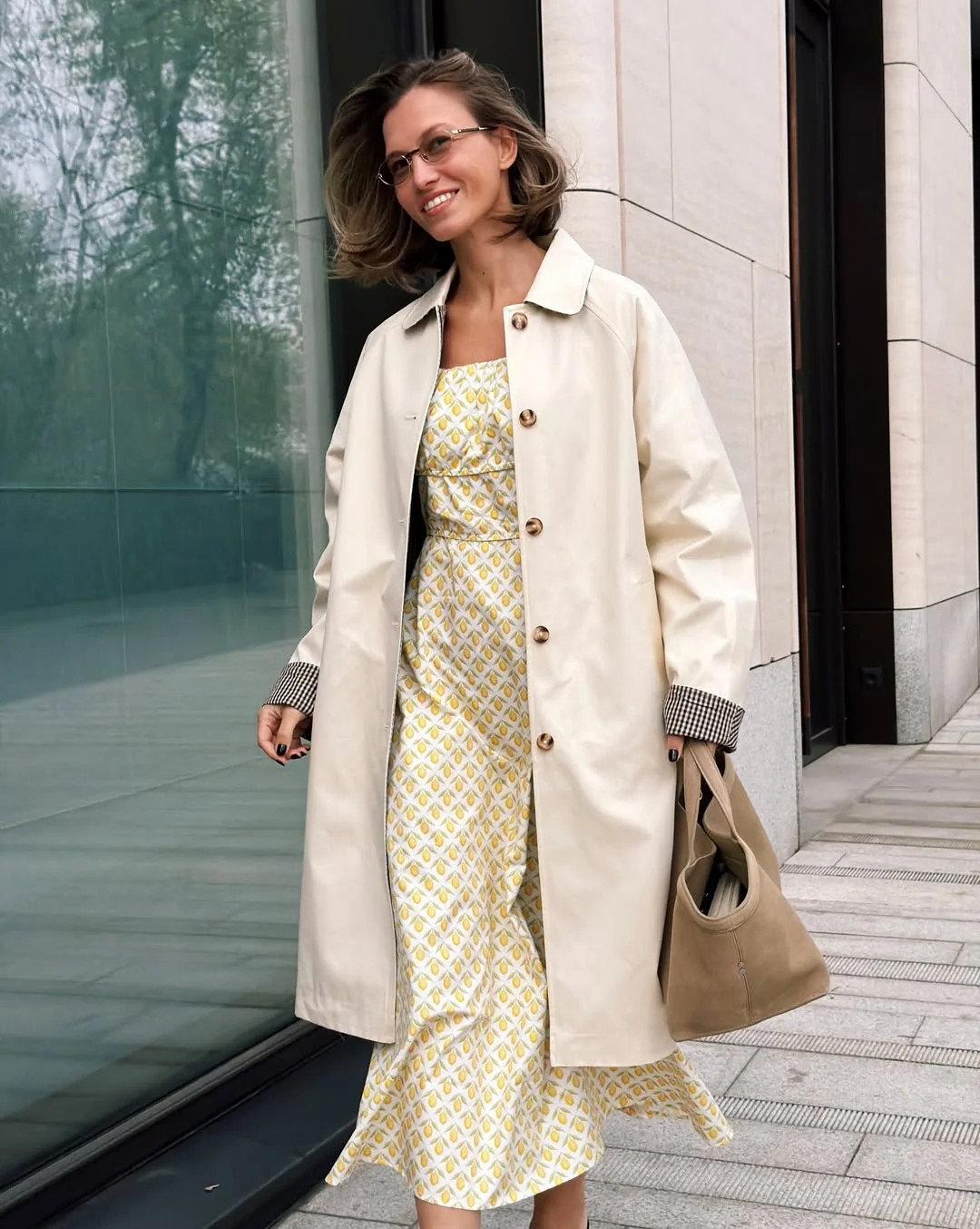 autumn fashion outfits 2026 Soft Trench Layer Over a Printed Midi Dress