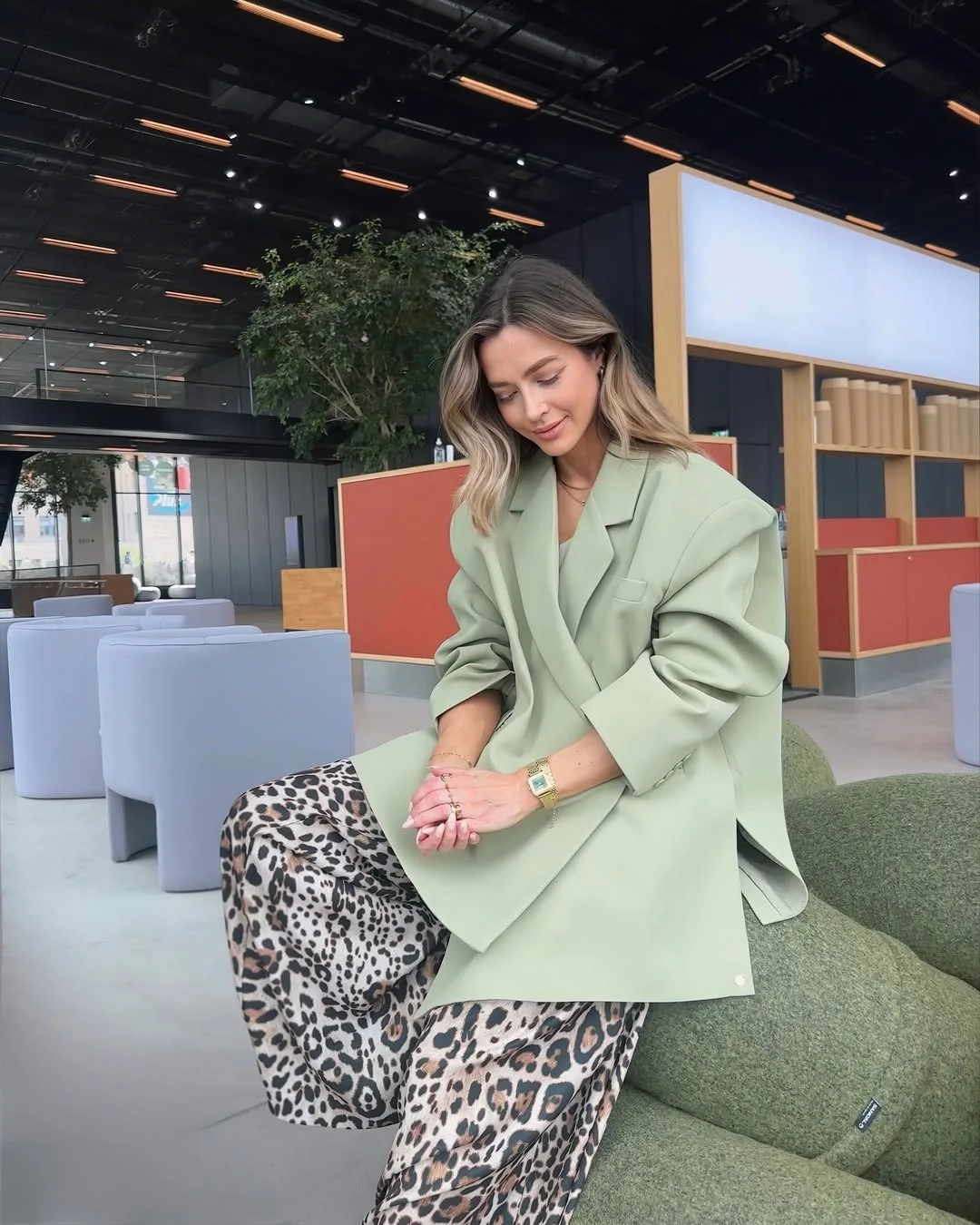 chic fall outfits for women in 30s style 2026 Soft Sage Tailoring With Modern Leopard Prints