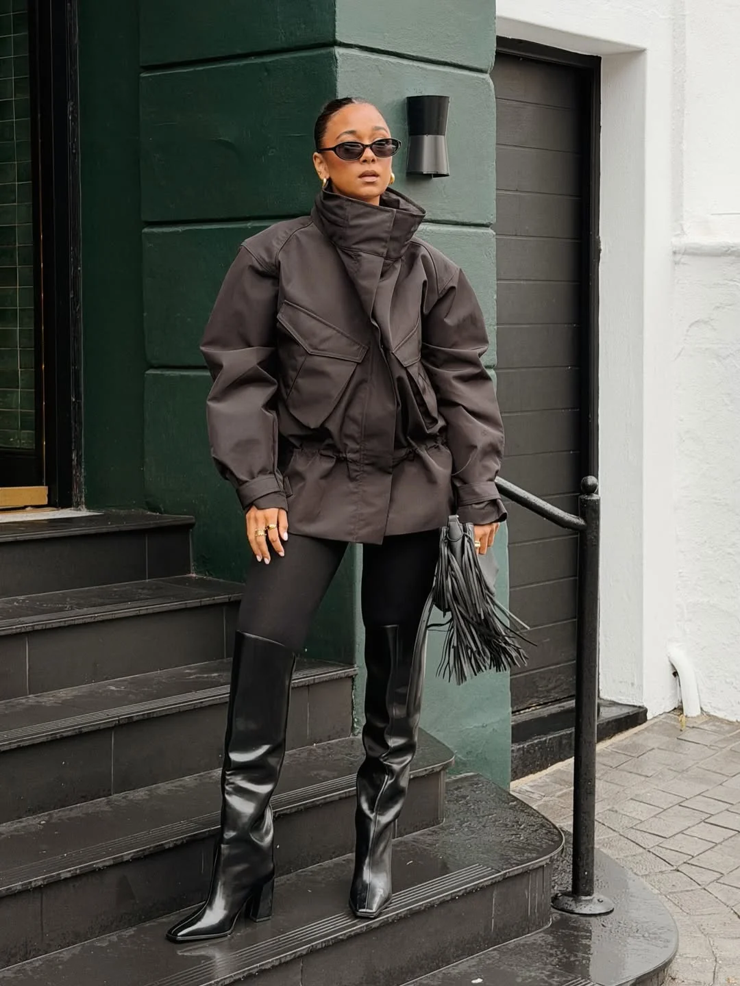 chic fall outfits with jacket 2026 Oversized Utility Jacket with Tall Boots