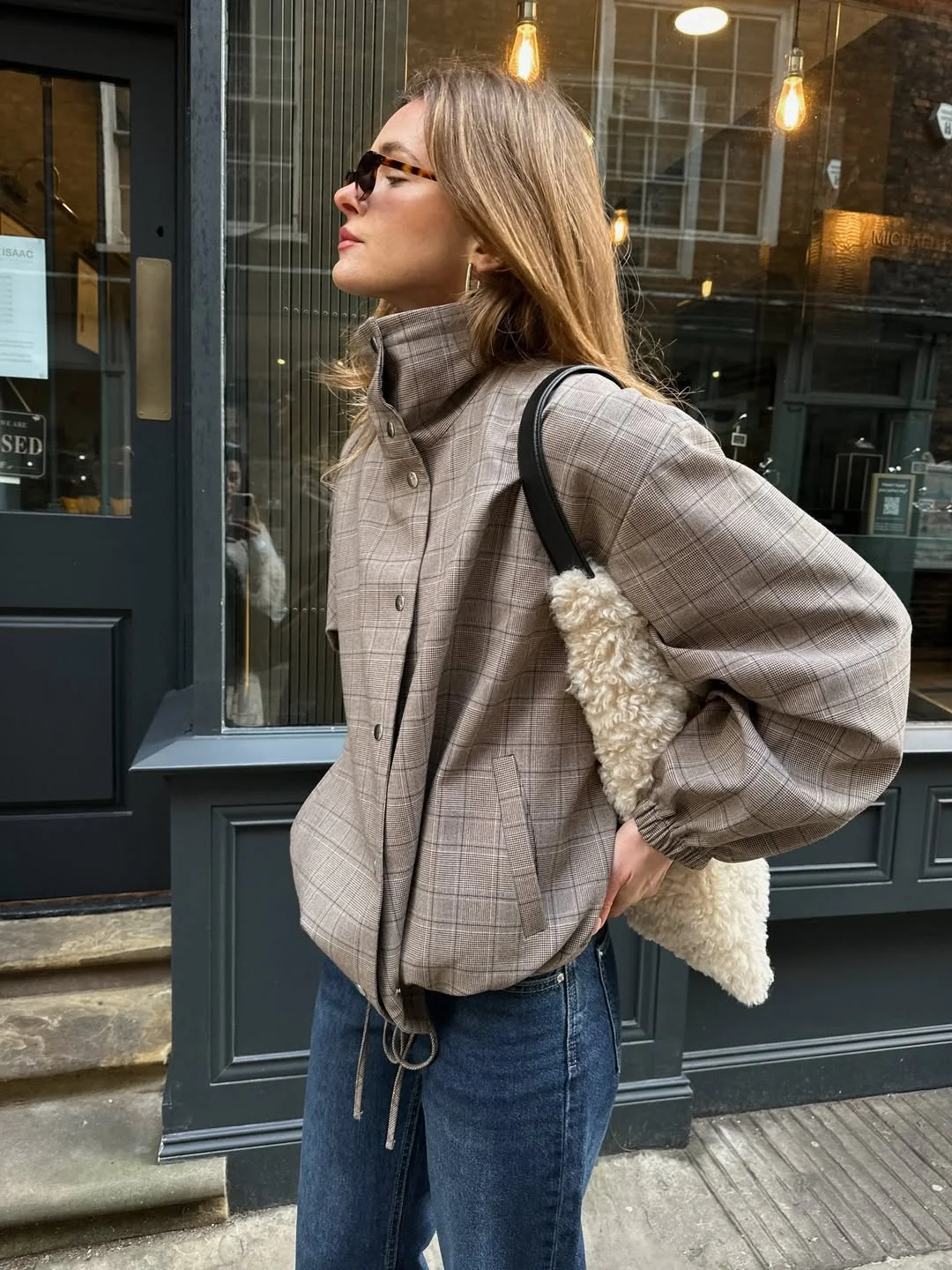 chic fall outfits with jacket 2026 Checked Bomber Jackets Make Classic Denim Feel Fresh Again