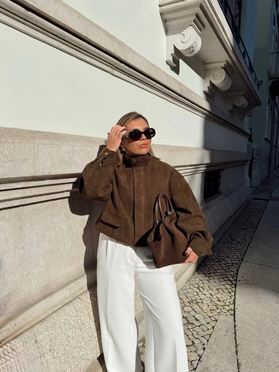 chic fall outfits with jacket 2026 Chocolate Brown Jacket with Crisp White Trousers