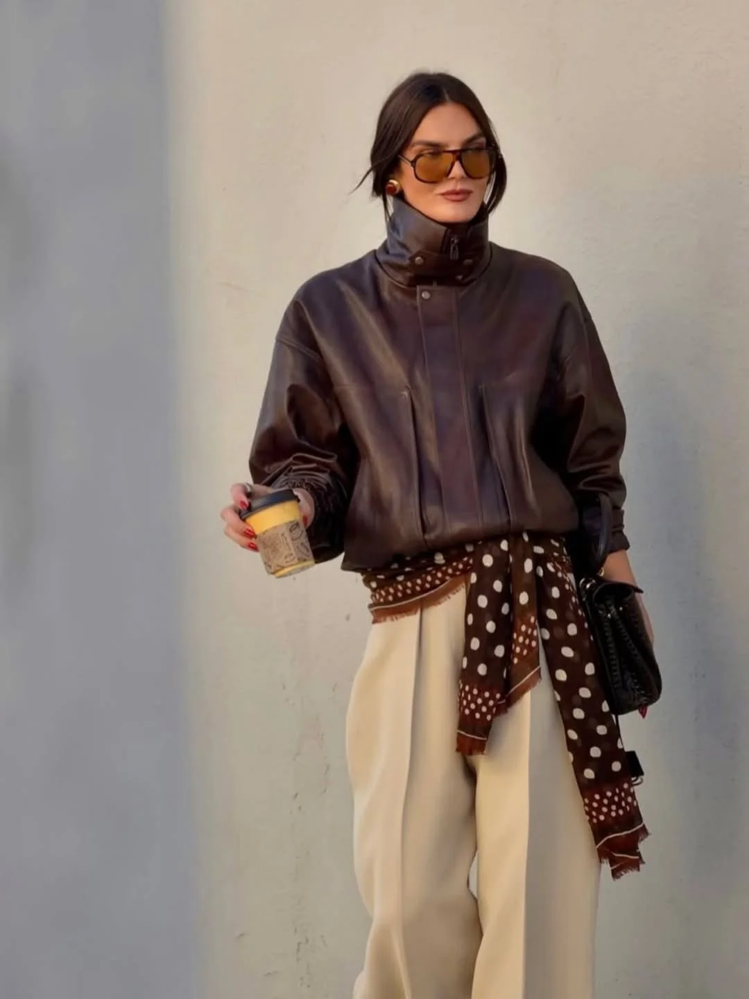 chic fall outfits with jacket 2026 Leather Jacket Styled with Soft Neutral Tones