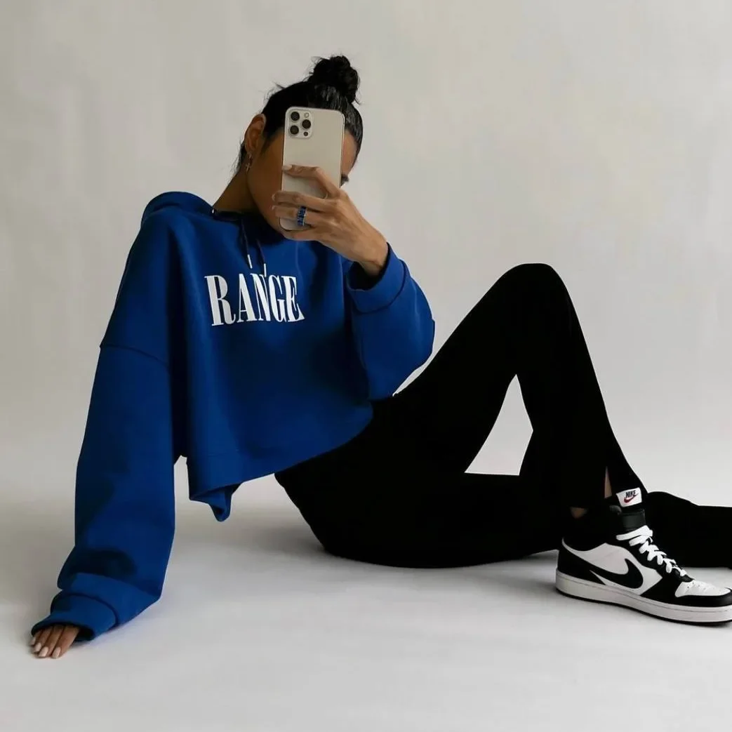 chic fall outfits with leggings and sneakers 2026 The Bold Blue Hoodie That Brightens Gray Fall Days